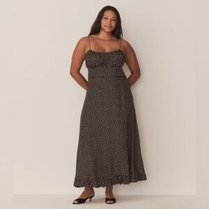 NWT Doen Rosaria Silk Ruched Bust Ruffle Midi Maxi Dress Camille Dot Polka Black